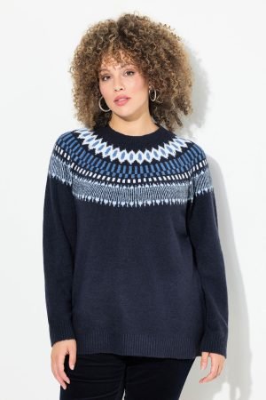 melsvas skandinaviskais rastais puostas megztinis moterims