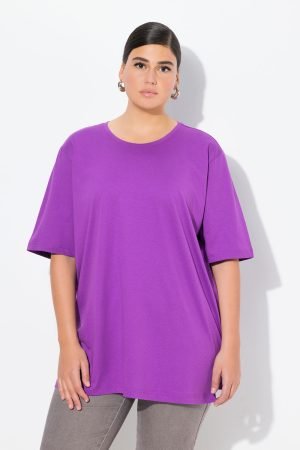 violetiniai medvilniniai moteriski marskineliai oversize kirpimas