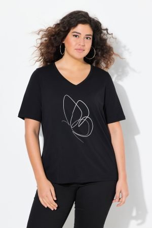 juodi moteriski marskineliai su aplikacija priekyje